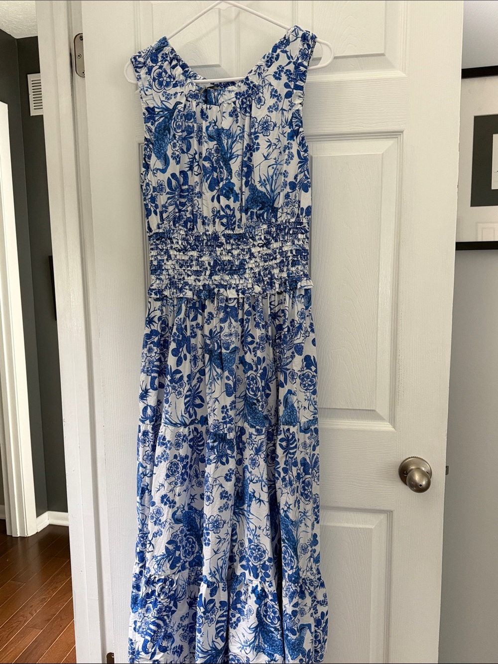 Anthropologie Blue Floral Sleeveless Smocked Waist Maxi Dress